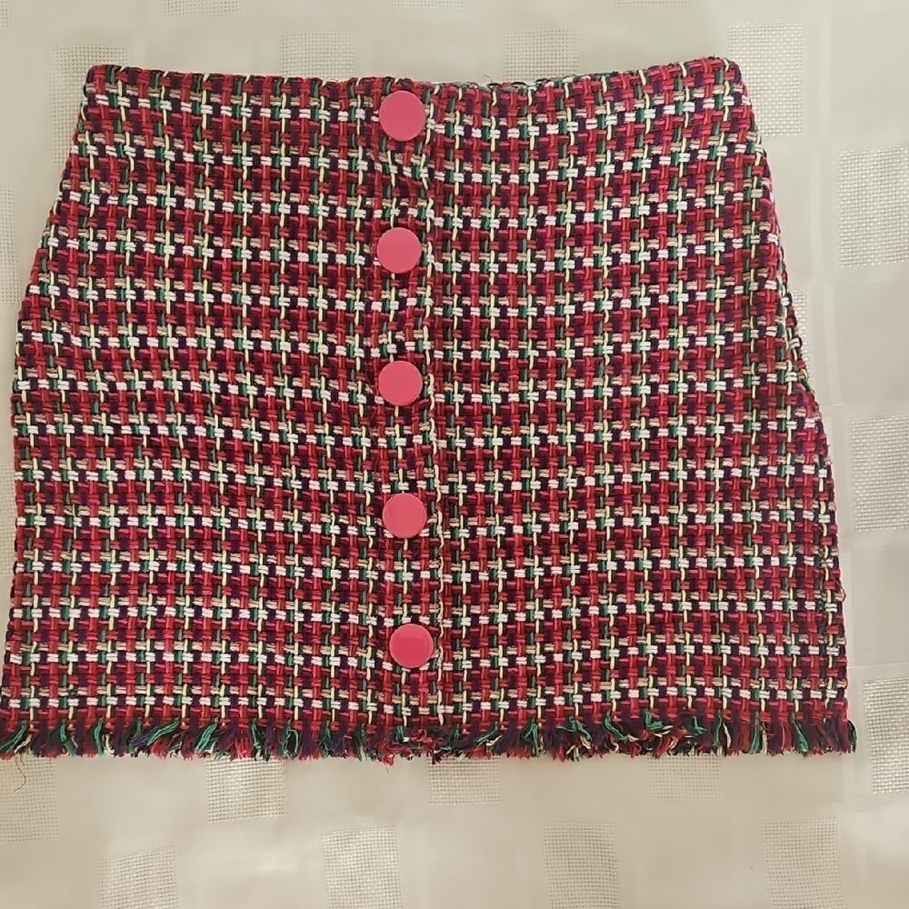Zara Red and White Embellished Pencil Mini Skirt